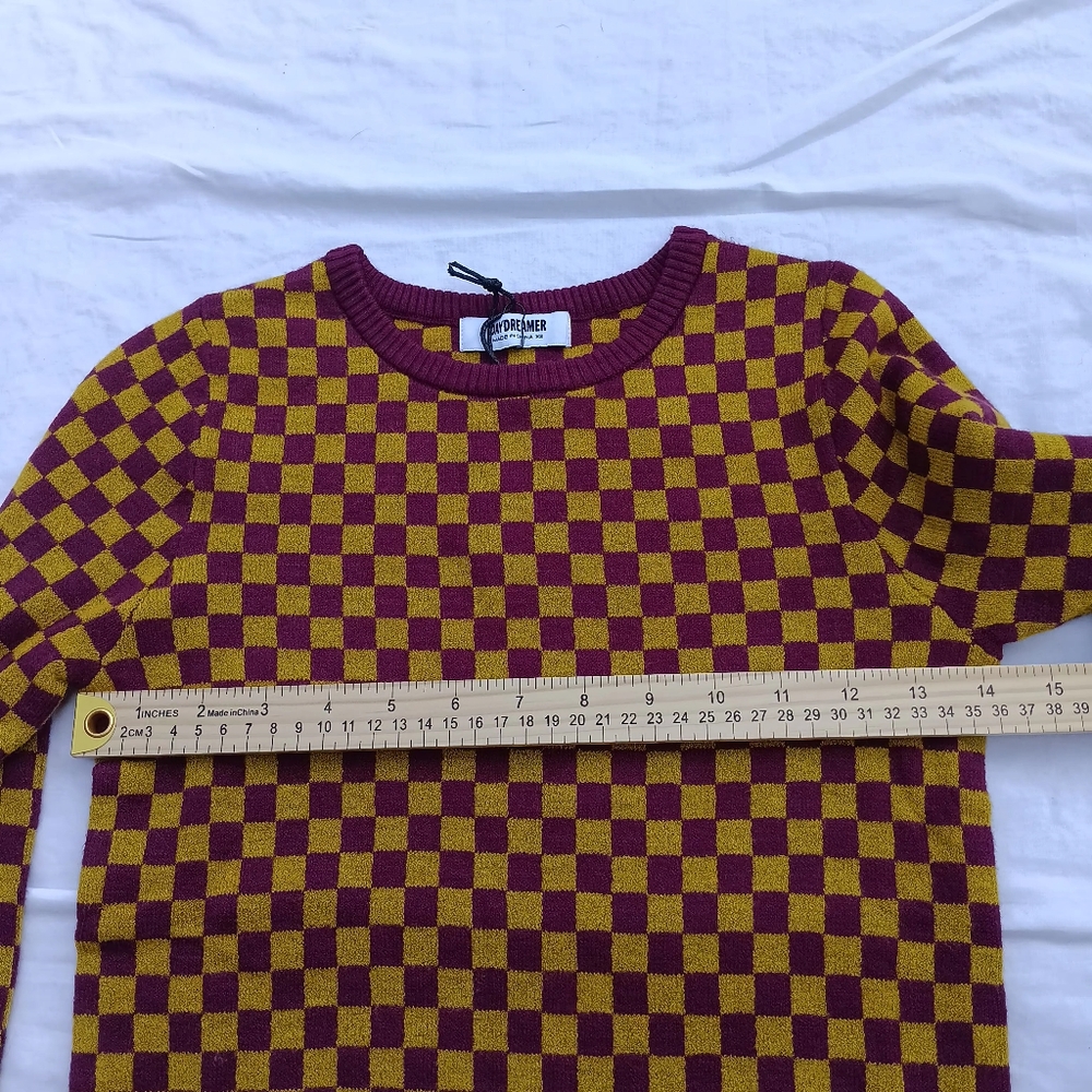 NWT Daydreamer Crop Women's Sweater XS Cozy Fig Checkers Long Sleeve - Picture 8 of 10